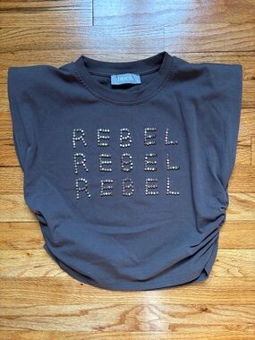 Blue b crop Cinch Side Shoulder Padded Rebel Studded Graphic Top Tee Women’s S